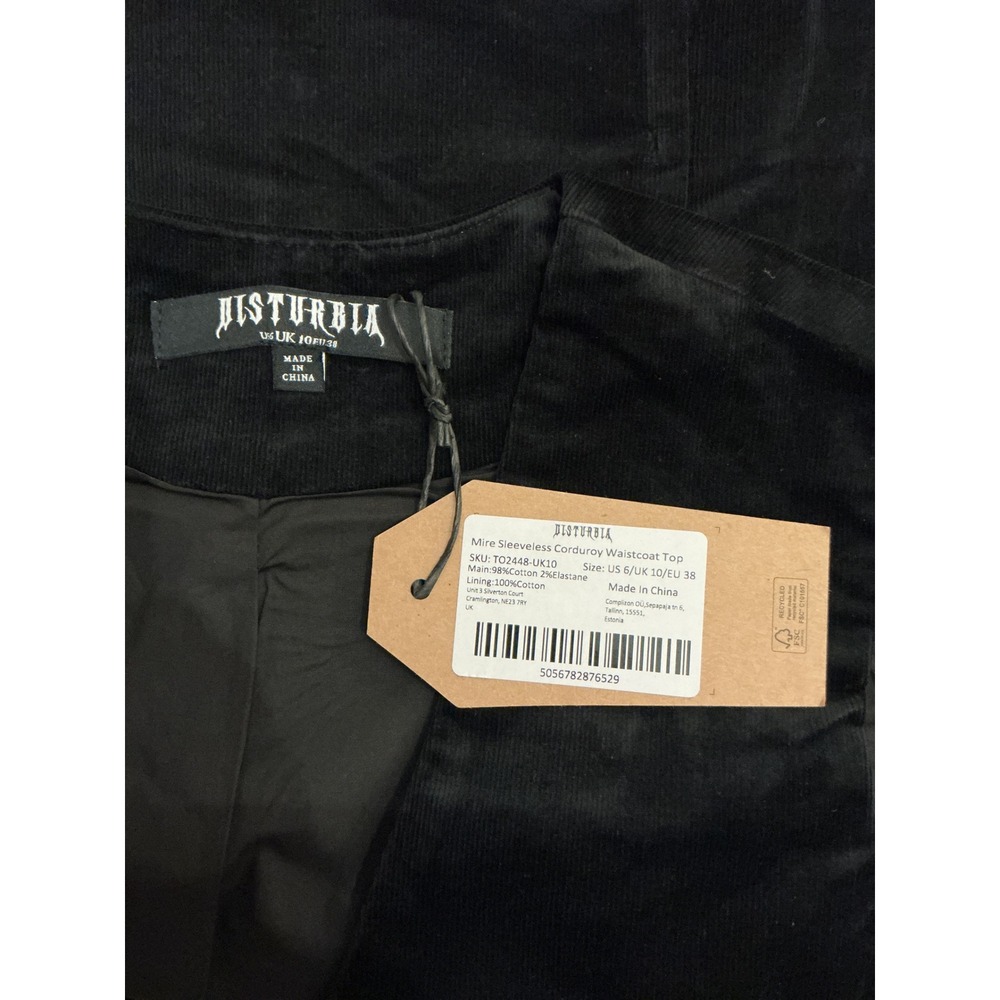 Disturbia Mire Sleeveless Corduroy Waistcoat Top Black Size 6 New With Tags - Picture 5 of 7